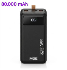 Повербанк 80000 мАг, MGE (MG-80) PD/QC 22.5W, з LED-ліхтарем і вбудованими кабелями для заряджання