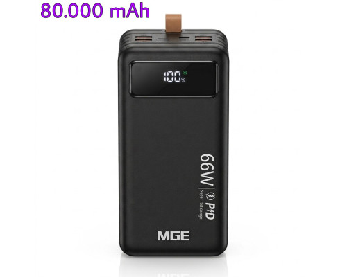 Повербанк 80000 мАг, MGE (MG-80) PD/QC 22.5W, з LED-ліхтарем і вбудованими кабелями для заряджання