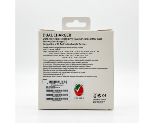 Зарядний пристрій Samsung 35W Dual Charger (USB-C Power Delivery + USB-A) з кабелем Type-C/Type-C (white)