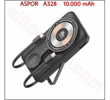 Повербанк 10000 mAh ASPOR A328  Magnetic Wireless с LED дисплеем и встроенными кабелями Type-C и Lightning