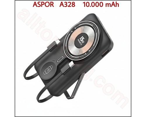 Повербанк 10000 mAh ASPOR A328  Magnetic Wireless з LED дисплеєм та вбудованими кабелями Type-C і Lightning