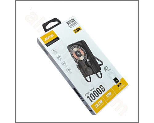 Повербанк 10000 mAh ASPOR A328  Magnetic Wireless з LED дисплеєм та вбудованими кабелями Type-C і Lightning