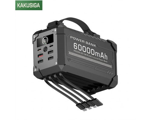 Повербанк 60000 mAh KAKUSIGA KSC-1276, PD20W+22.5W, з ліхтариком і вбудованими кабелями для заряджання.