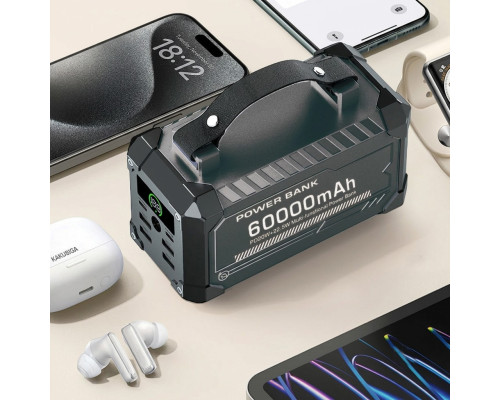 Повербанк 60000 mAh KAKUSIGA KSC-1276, PD20W+22.5W, з ліхтариком і вбудованими кабелями для заряджання.