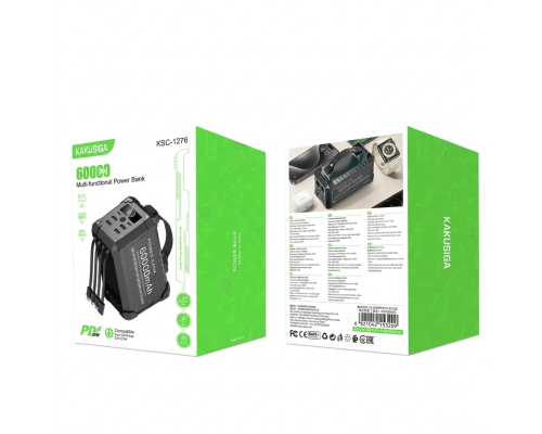 Повербанк 60000 mAh KAKUSIGA KSC-1276, PD20W+22.5W, з ліхтариком і вбудованими кабелями для заряджання.