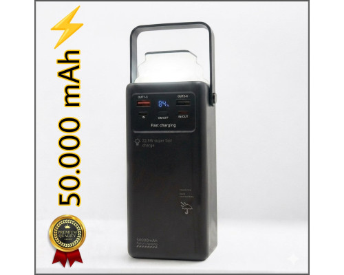 Повербанк 50000 mAh  (22,5W) з ліхтарем і вбудованими кабелями для заряджання (ATM-01B)