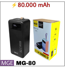 Повербанк 80000 мАг, MGE (MG-80) PD/QC 22.5W, з LED-ліхтарем і вбудованими кабелями для заряджання