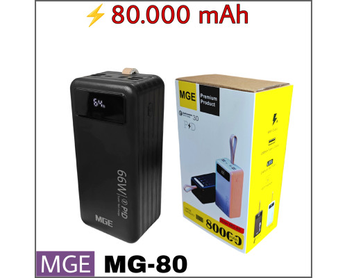 Повербанк 80000 мАг, MGE (MG-80) PD/QC 22.5W, з LED-ліхтарем і вбудованими кабелями для заряджання