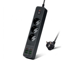 Мережевий фільтр-подовжувач 2 метри, з USB та Type-C на 3 розетки (3000W / 10A), black