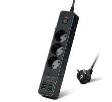 Мережевий фільтр-подовжувач 2 метри, з USB та Type-C на 3 розетки (3000W / 10A), black