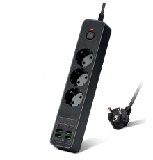 Мережевий фільтр-подовжувач 2 метри, з USB та Type-C на 3 розетки (3000W / 10A), black