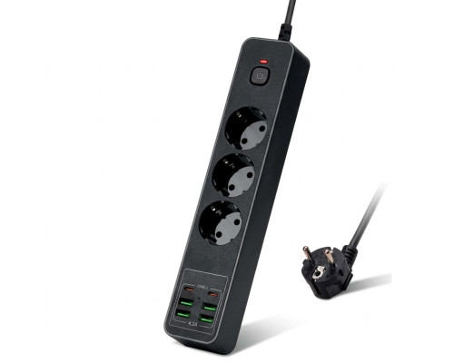 Мережевий фільтр-подовжувач 2 метри, з USB та Type-C на 3 розетки (3000W / 10A), black