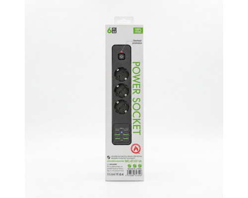 Мережевий фільтр-подовжувач 2 метри, з USB та Type-C на 3 розетки (3000W / 10A), black