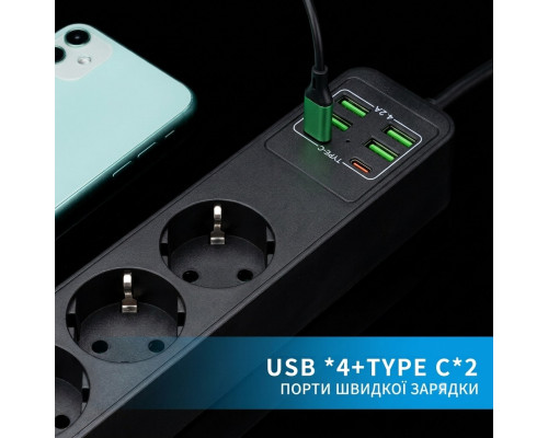 Мережевий фільтр-подовжувач 2 метри, з USB та Type-C на 3 розетки (3000W / 10A), black