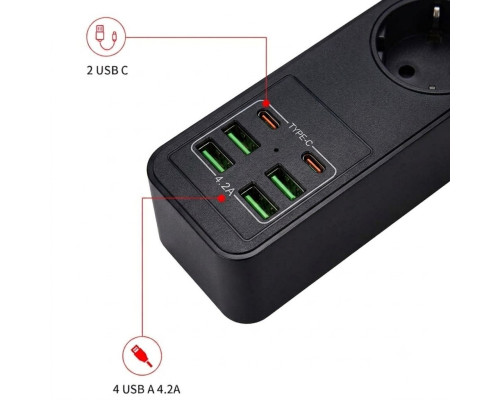 Мережевий фільтр-подовжувач 2 метри, з USB та Type-C на 3 розетки (3000W / 10A), black