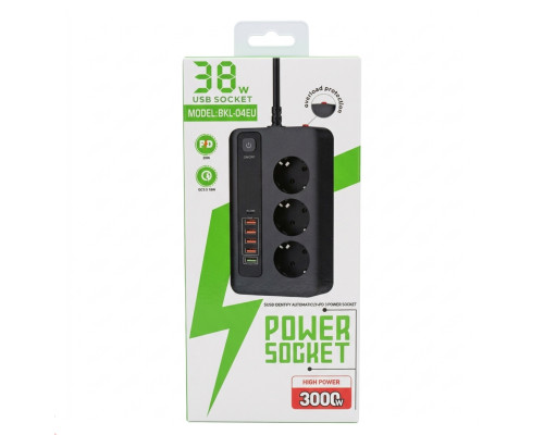 Мережевий фільтр BKL-04EU (3000W, 3 розетки + 5 USB-портів + порт USB-C ) - black