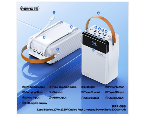 Повербанк REMAX RPP-566 80.000 mAh з ліхтарем і вбудованими кабелями (white)